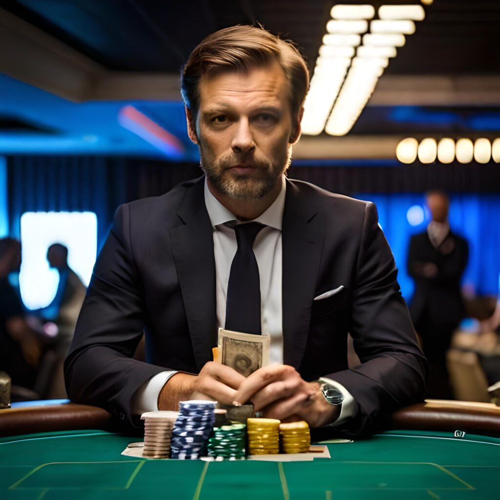 Un homme assis à une table de poker avec des jetons et des billets