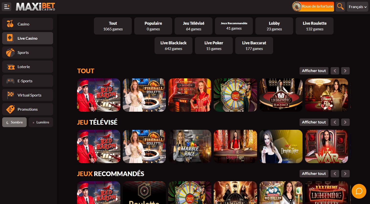 Page des jeux en Live